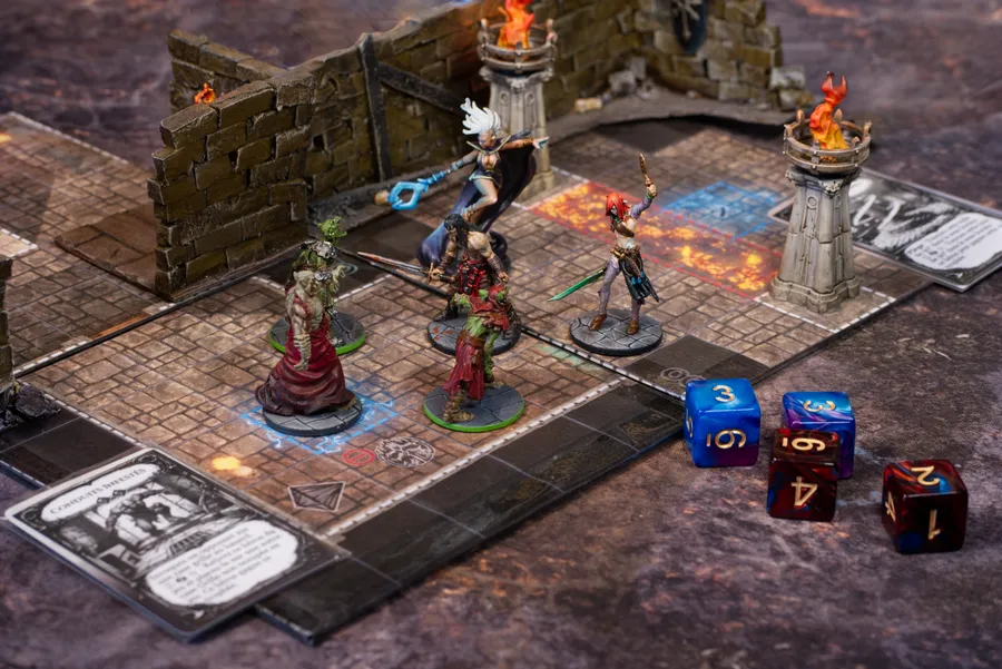 A game of Call of Dungeons, with tiles, miniatures and dice